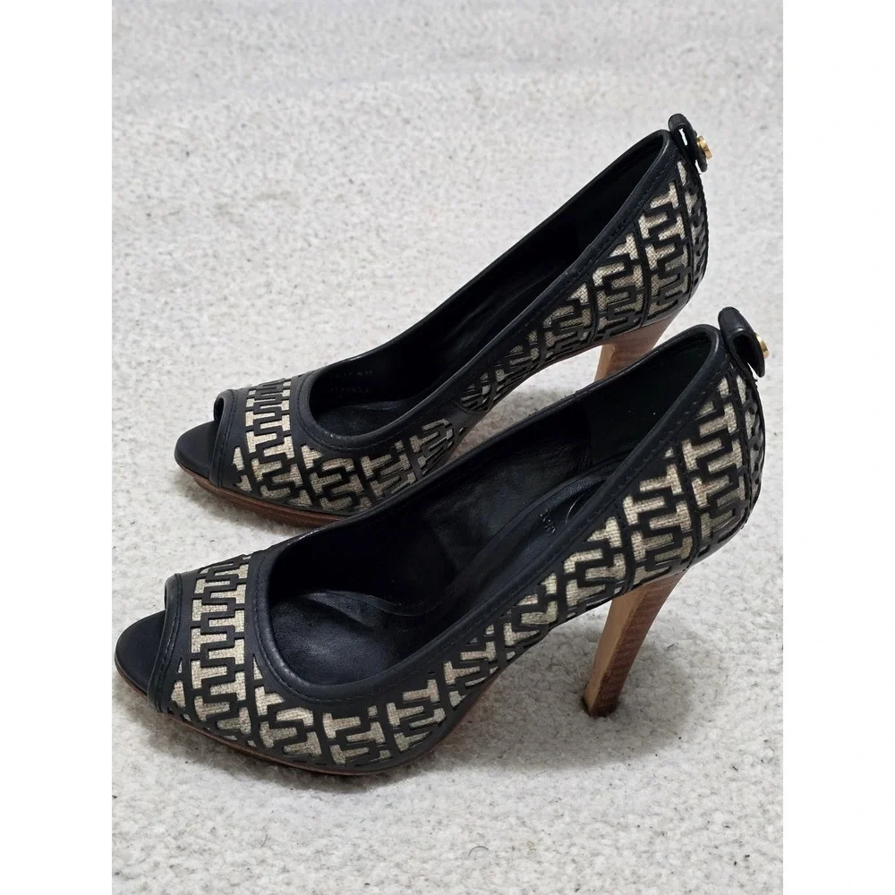 Tory Burch Black Leather Logo Laser Cut Peep Toe Platform Pumps Heels 6.5M